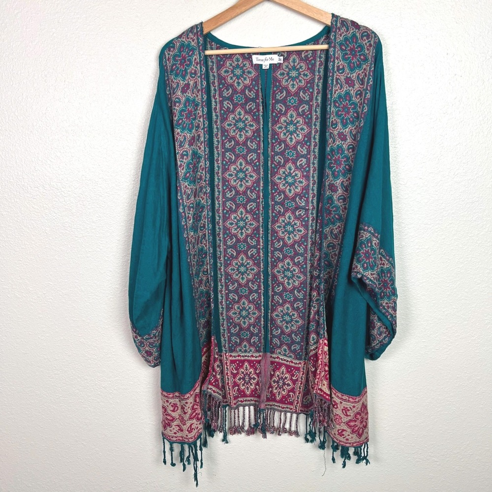 Time for Me Teal Paisley Floral Kimono Cardigan Viscose Womens 2X Boho Festival - Picture 2 of 13